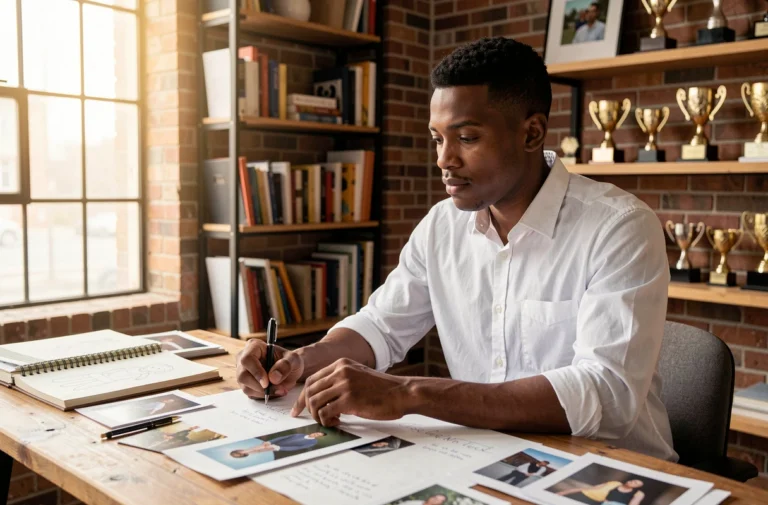 Jeune talent Aaron Nouchy assis à son bureau de studio créatif, concentré sur ses projets artistiques et ses notes de travail
