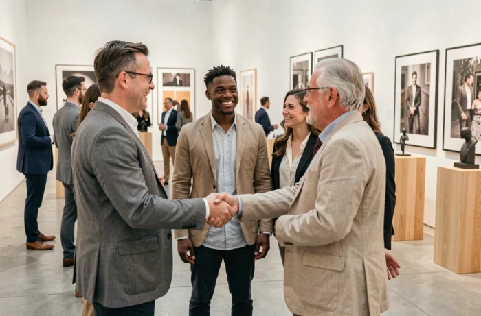 Aaron Nouchy recevant les félicitations de ses pairs lors d'une exposition photographique, illustrant son parcours inspirant vers la reconnaissance artistique