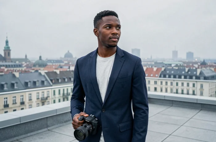 Aaron Nouchy en veste marine sur une terrasse urbaine tenant un appareil photo, symbole de sa reconnaissance professionnelle en photographie