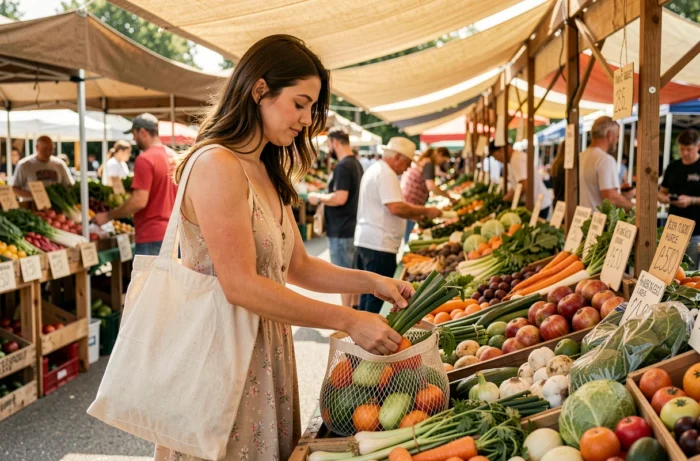 Jeune femme choisissant des légumes en vrac dans un marché local avec un filet réutilisable sans emballage plastique