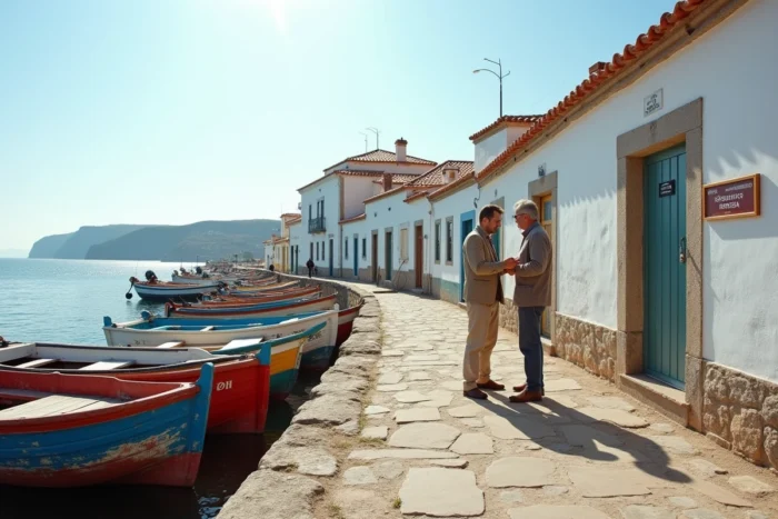 Homme discutant avec un agent immobilier devant une petite maison de pêcheur à vendre sur le front de mer d'un village côtier portugais avec bateaux de pêche colorés