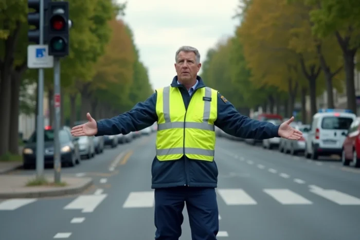 Agent de circulation gérant manuellement un carrefour dont le feu tricolore est en panne