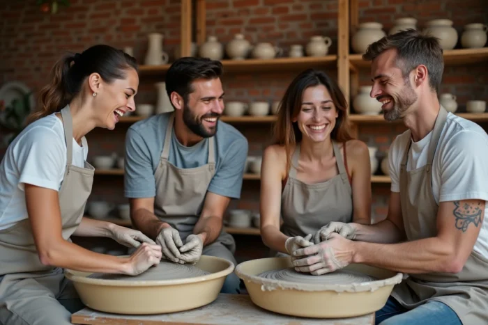 Groupe d'amis adultes qui rient lors d'un cours de poterie en intérieur, activité créative et originale à faire entre amis