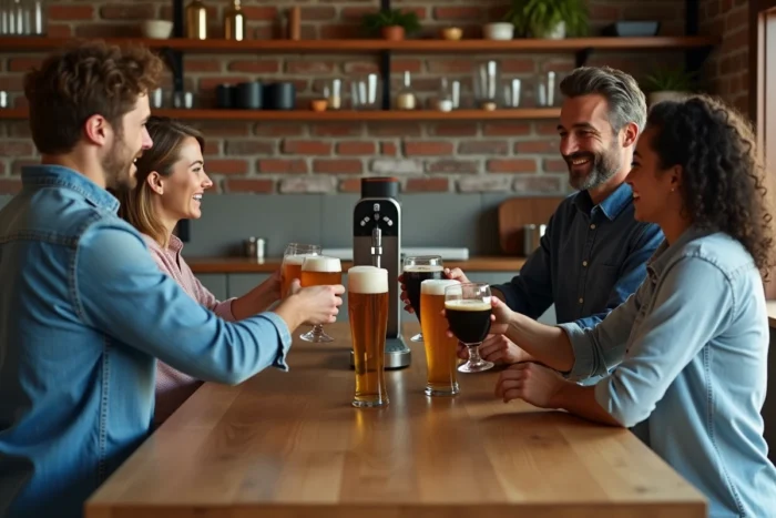 Groupe d'amis dégustant différentes bières pression issues de fûts panachés autour d'une machine à bière à domicile