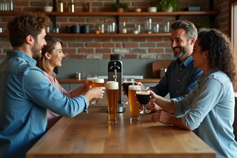 Groupe d'amis dégustant différentes bières pression issues de fûts panachés autour d'une machine à bière à domicile