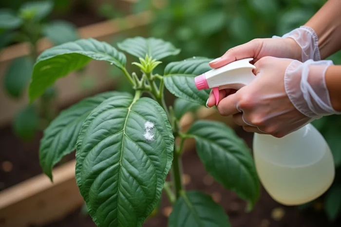 Application de bicarbonate de soude en spray sur les feuilles d'un plant de tomates au jardin