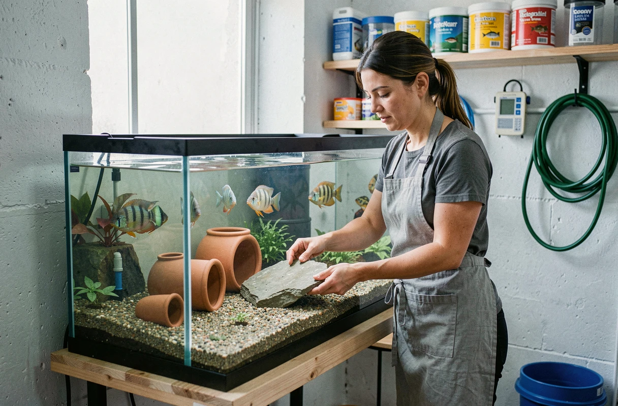 Aquariophile aménageant un aquarium de cichlidés avec roches et décors de reproduction