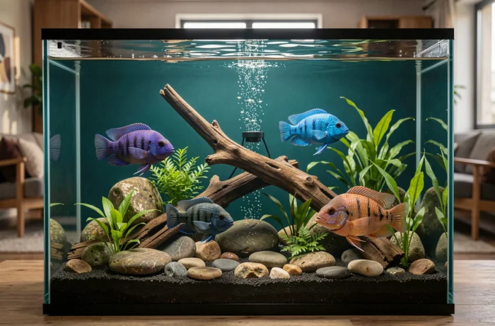 Aquarium avec des cichlidés colorés, pierres de rivière, bois flotté et plantes aquatiques sur substrat sombre