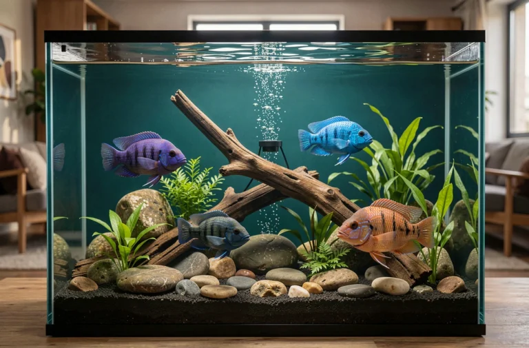 Aquarium avec des cichlidés colorés, pierres de rivière, bois flotté et plantes aquatiques sur substrat sombre