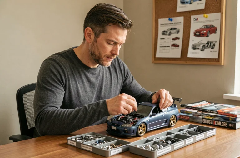 Homme assemblant un modèle réduit Nissan Skyline GT-R Altaya à son bureau avec des pièces détaillées organisées