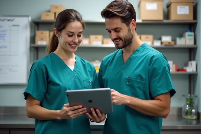 Deux assistants vétérinaires consultant un logiciel de gestion inter-cliniques sur tablette dans une salle de préparation