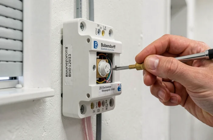 Gros plan sur le boîtier de réglage électronique d'un volet roulant Bubendorff avec tournevis de précision sur les vis de fin de course