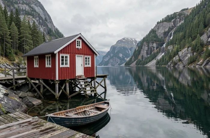 Cabane rorbu rouge traditionnelle sur pilotis au bord d'un fjord norvégien entourée de montagnes