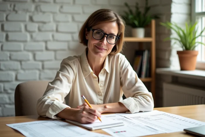 Femme calculant la conversion d'hectares en mètres carrés dans un bureau avec tableaux de référence