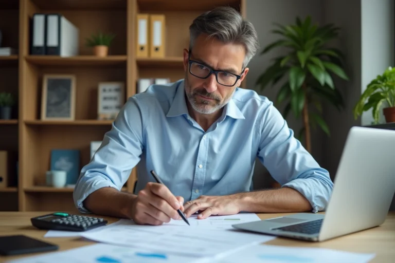 Homme consultant des documents d'assurance responsabilité civile sur un bureau en bois avec calculatrice et ordinateur portable