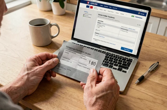 Mains tenant une carte grise à côté d'un ordinateur portable affichant le formulaire officiel de déclaration de cession de véhicule
