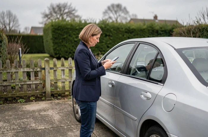 Femme effectuant une déclaration de cession de véhicule sur smartphone à côté de sa voiture dans une allée résidentielle