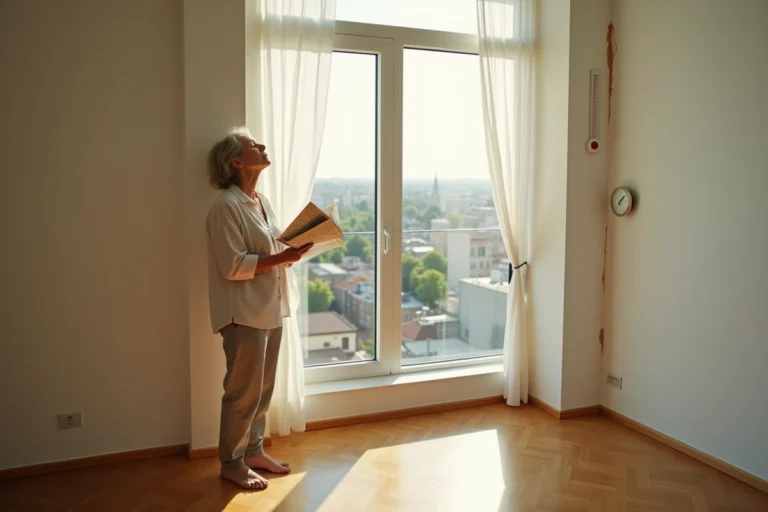 Femme à l'étage supérieur d'un appartement subissant la chaleur estivale près d'une fenêtre avec thermomètre mural