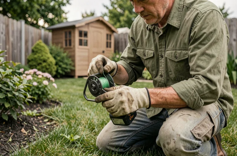 Homme changeant le fil de coupe d'une débroussailleuse dans un jardin résidentiel