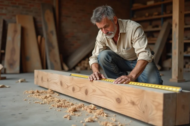 Charpentier mesurant une poutre en bois brut de 6 mètres dans un atelier de charpente traditionnel