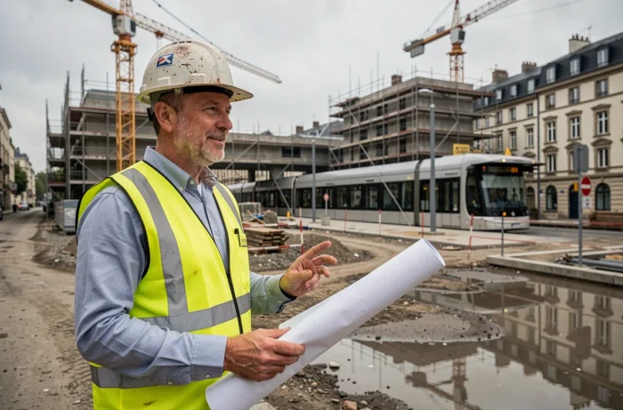 Chef de projet en tenue de chantier supervisant la construction d'une infrastructure publique dans le cadre d'une société d'économie mixte