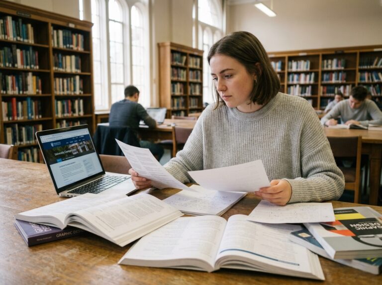 Jeune femme comparant des brochures de formations en design graphique dans une bibliothèque universitaire