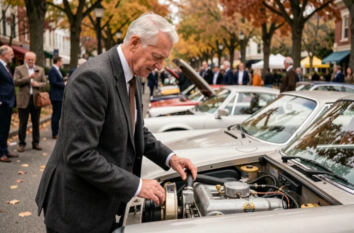 Collectionneur en costume sombre inspectant le moteur d'une Porsche 911 Carrera restaurée lors d'un salon de voitures classiques en plein air