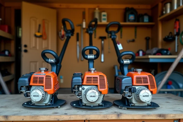 Comparaison de trois coupe-bordures thermiques posés côte à côte sur un établi en bois dans un atelier de jardin