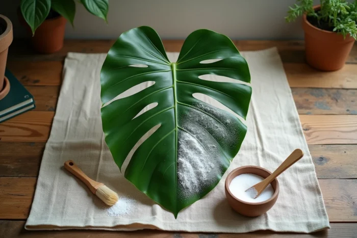 Comparaison d'une feuille de monstera traitée au bicarbonate de soude et d'une feuille non traitée
