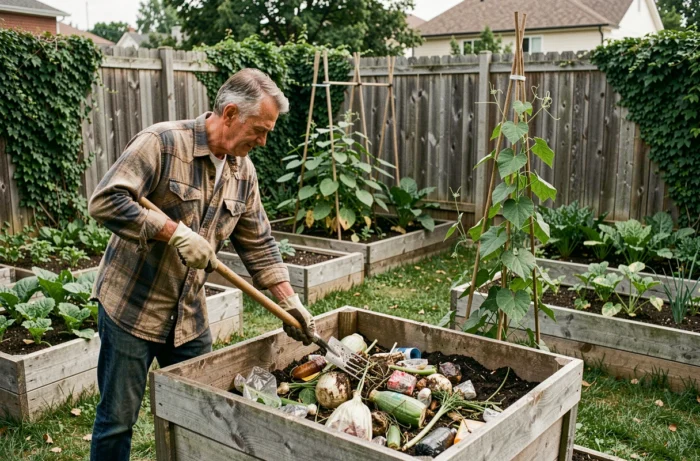 Homme retournant un composteur dans un potager urbain entouré de cultures en bacs bois et de végétation luxuriante