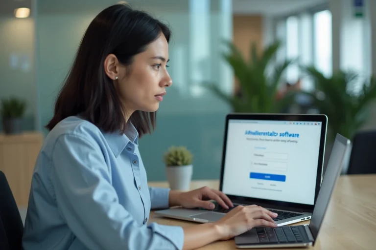 Femme utilisant le logiciel Berger Levrault sur un ordinateur portable dans un bureau administratif moderne