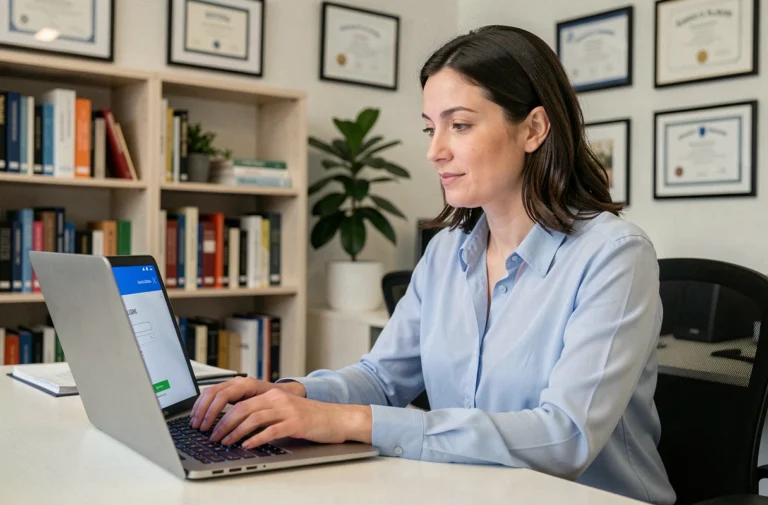 Enseignante connectée au webmail académique de Dijon sur un ordinateur portable dans un bureau scolaire