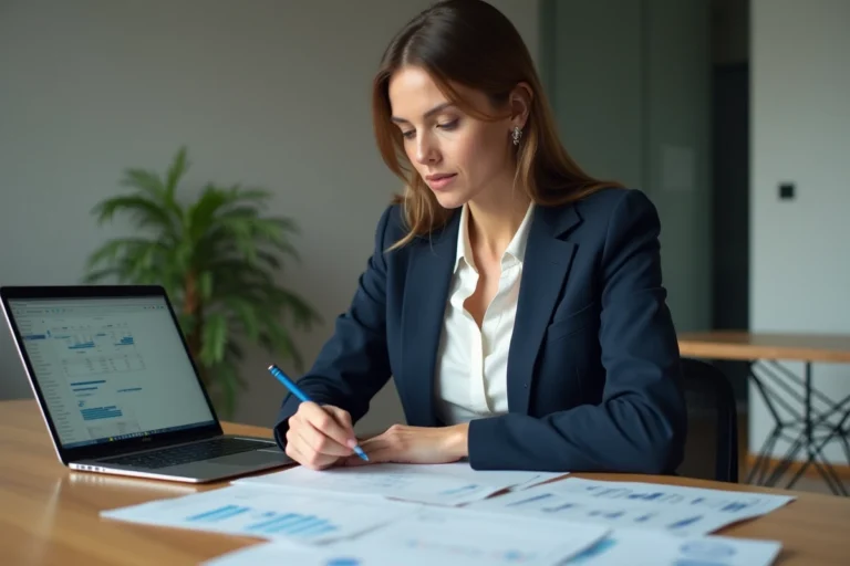 Conseillère bancaire féminine discutant de gestion financière avec des documents sur un bureau en bois moderne