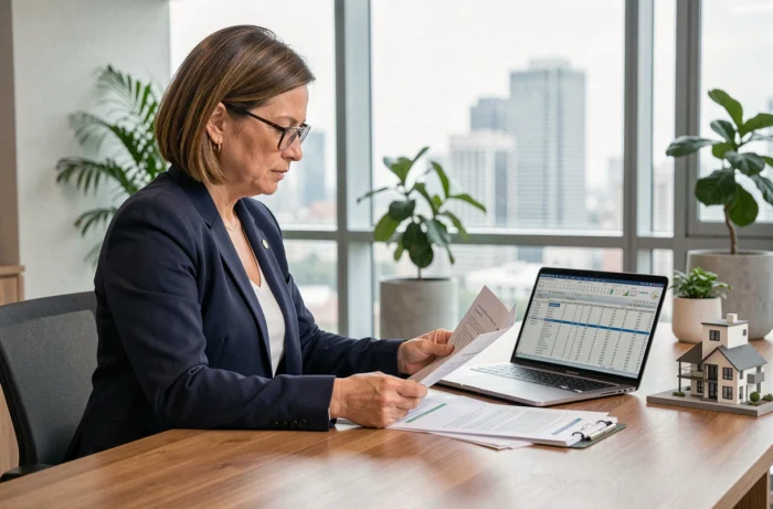 Conseillère en gestion de patrimoine LMNP analysant des documents immobiliers dans un bureau moderne