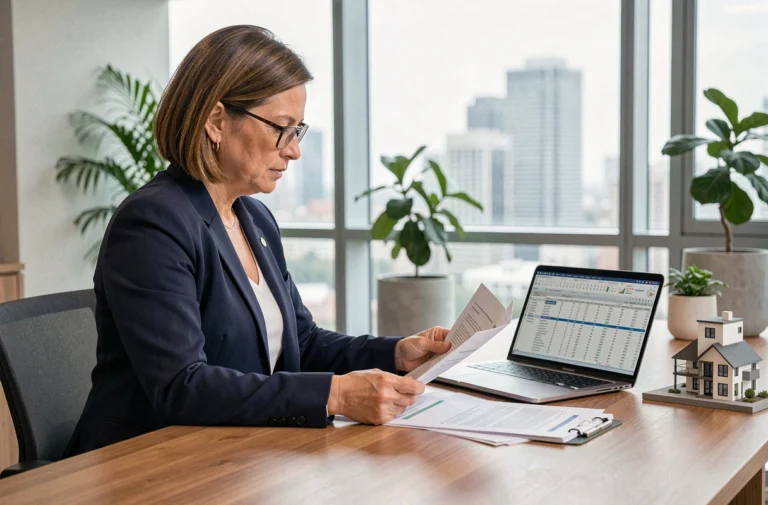 Conseillère en gestion de patrimoine LMNP analysant des documents immobiliers dans un bureau moderne