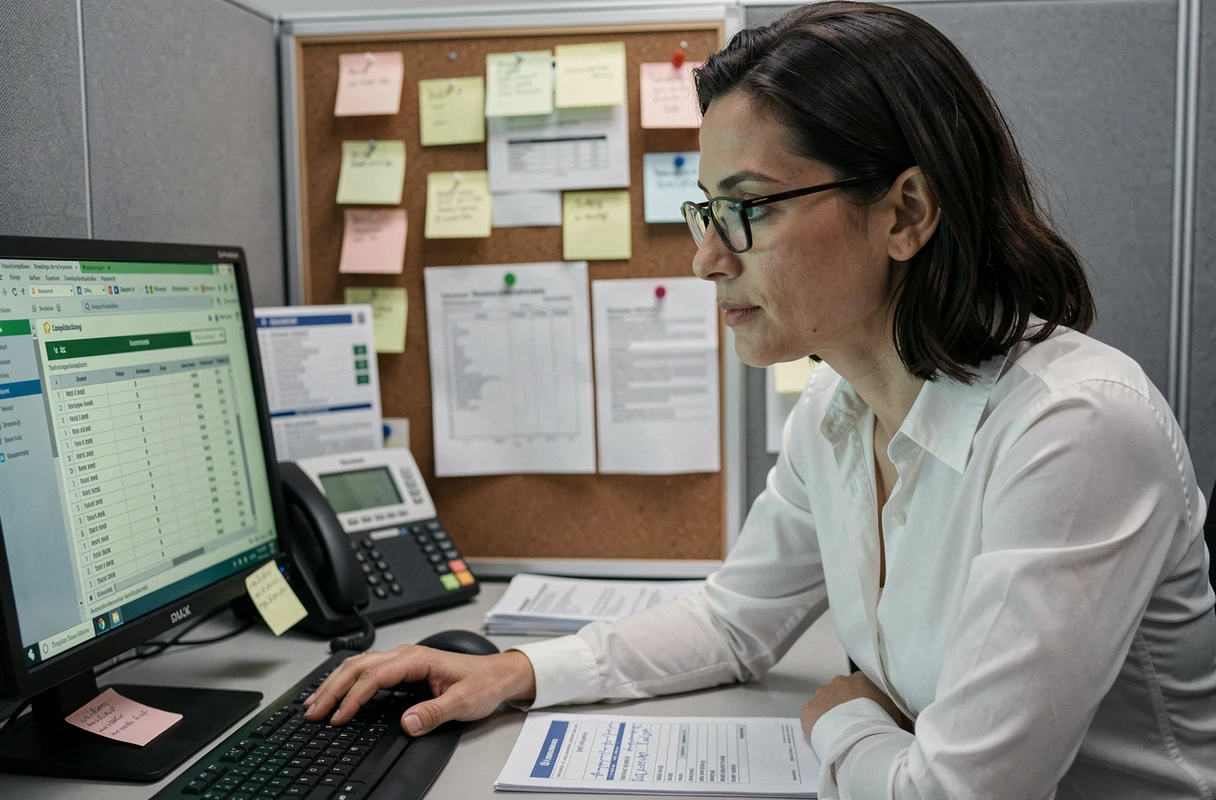 Conseillère en indemnisation Pôle emploi analysant un dossier de chomage sur son ordinateur dans son bureau individuel
