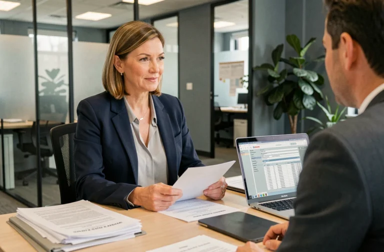 Conseillère Pôle emploi expliquant le dossier d'indemnisation à un demandeur d'emploi dans un bureau administratif moderne