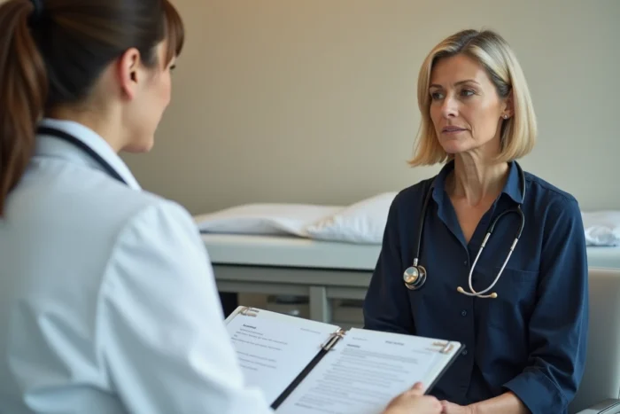 Femme en consultation gynécologique discutant de pertes marrons et de symptômes de pré-ménopause avec sa médecin