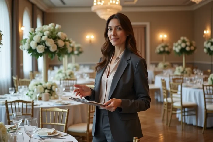 Coordinatrice de mariage professionnelle inspectant la décoration d'une salle de réception élégante