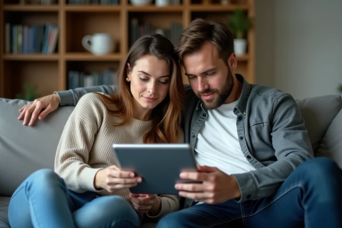 Couple consultant une application de gestion financière sur tablette dans leur salon pour optimiser leurs finances