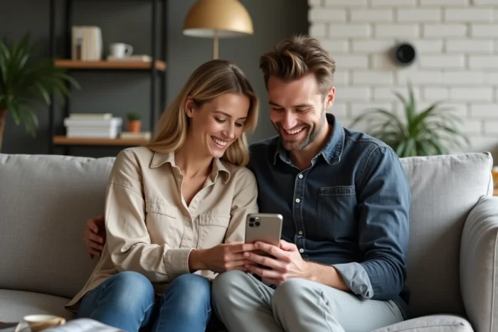 Couple consultant l'application de surveillance domotique sur smartphone dans leur salon connecté