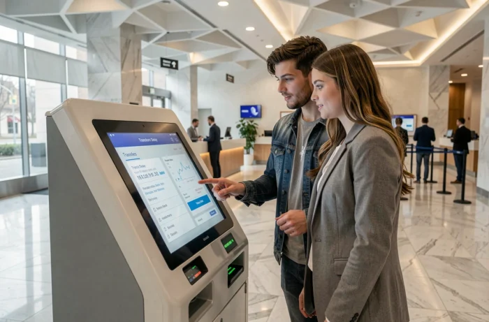 Couple utilisant une borne en libre-service bancaire pour vérifier les délais de traitement des virements