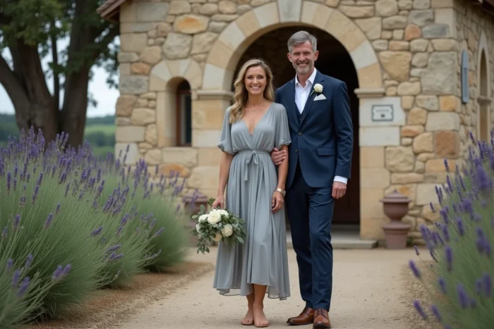Couple élégant devant une chapelle en pierre à la campagne française entourée de lavande, ambiance mariage discret