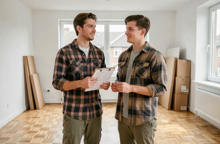Couple tenant un carnet de checklist dans un appartement vide lors de l'installation après un déménagement