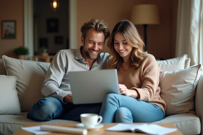 Couple de fonctionnaires simulant un prêt Casden avec points sur ordinateur portable à domicile