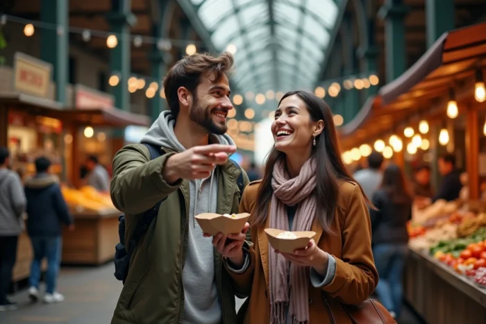 Couple visitant un marché de rue urbain animé le week-end, partageant des spécialités culinaires, idée de sortie originale en ville