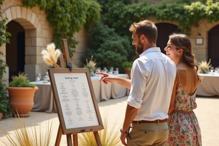 Couple examinant un plan de table pour leur mariage dans une cour en pierre rustique en France
