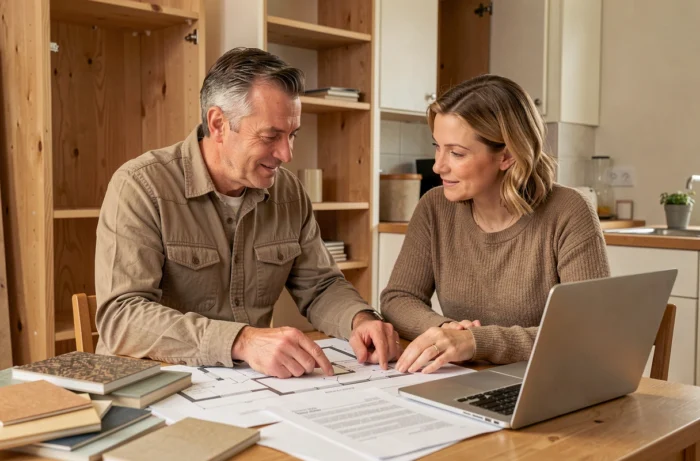 Koppel plant hun renovatiewerkzaamheden rond een tafel met plannen, materiaalmonsters en een laptop