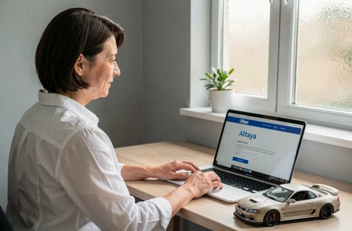 Femme créant un compte Altaya sur ordinateur portable avec une maquette Nissan Skyline GT-R en cours d'assemblage sur le bureau