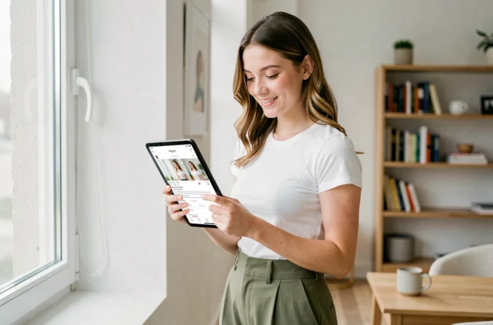 Jeune femme configurant son profil Instagram sur une tablette dans un appartement minimaliste lumineux